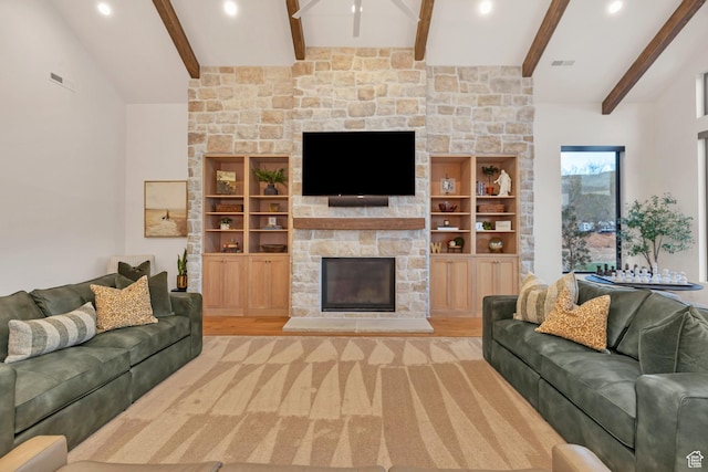 775 W 1300 S, Hurricane, UT 84737 - living room featuring a fireplace, beamed ceiling, recessed lighting, and light wood-type flooring