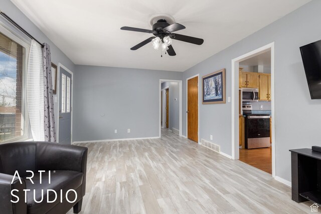 1454 E Harrop St, Ogden, UT 84404 - living area featuring visible vents, baseboards, a ceiling fan, and light wood finished floors