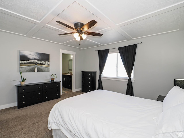 2291 E Ox Yoke Dr N, Eagle Mountain, UT 84005 - bedroom featuring coffered ceiling, baseboards, ceiling fan, and carpet flooring