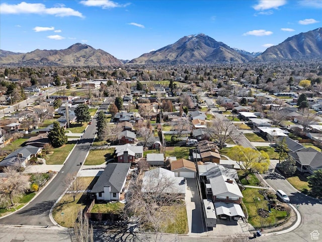 aerial view featuring a residential view and a mountain view