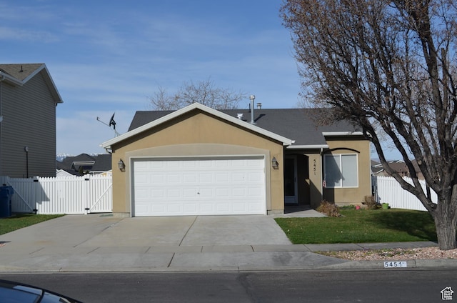 ranch-style house with concrete driveway, stucco siding, fence, a gate, and a garage