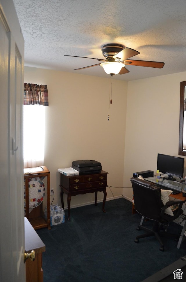 5451 N Heather Way W, Stansbury Park, UT 84074 - home office featuring baseboards, a textured ceiling, dark carpet, and ceiling fan