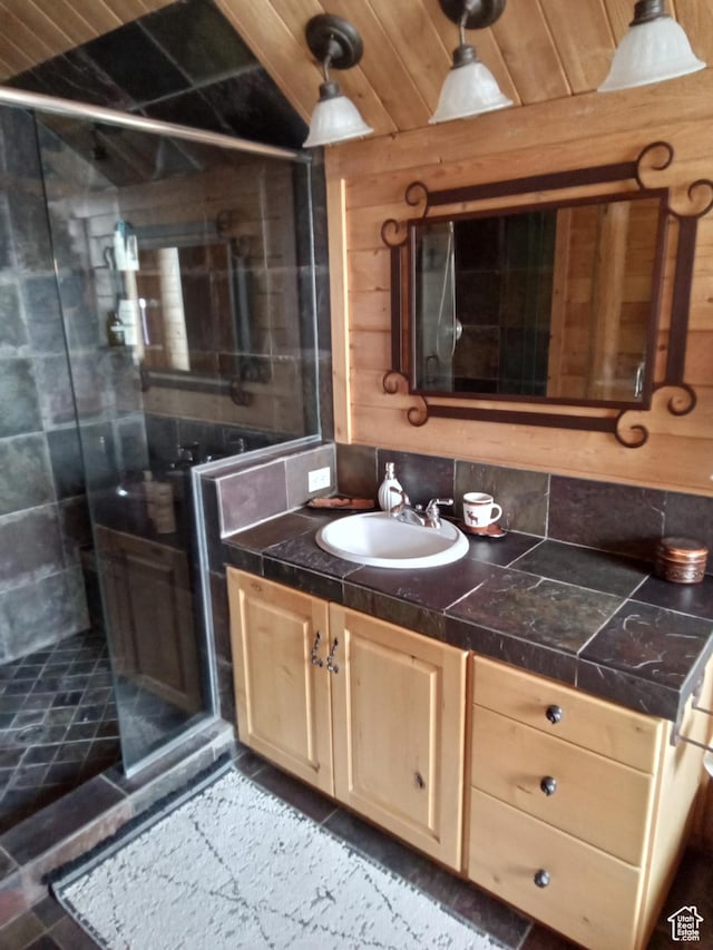 2204 S Timber Lakes Dr S Unit 945, Heber City, UT 84032 - full bath with a stall shower, wood walls, and vanity