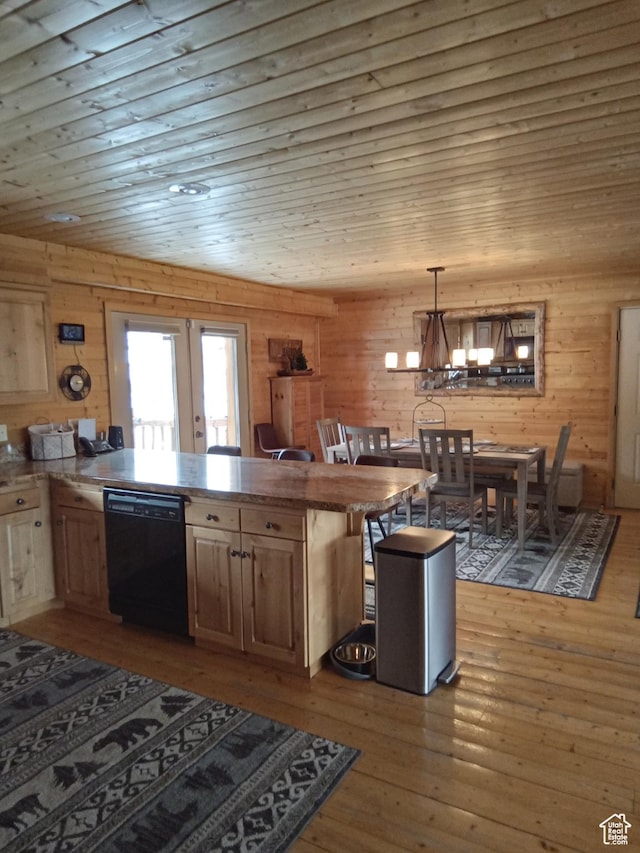2204 S Timber Lakes Dr S Unit 945, Heber City, UT 84032 - kitchen with a peninsula, dishwasher, light wood-type flooring, french doors, and a notable chandelier