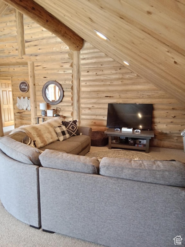 2204 S Timber Lakes Dr S Unit 945, Heber City, UT 84032 - unfurnished living room featuring rustic walls, beamed ceiling, high vaulted ceiling, and wooden ceiling