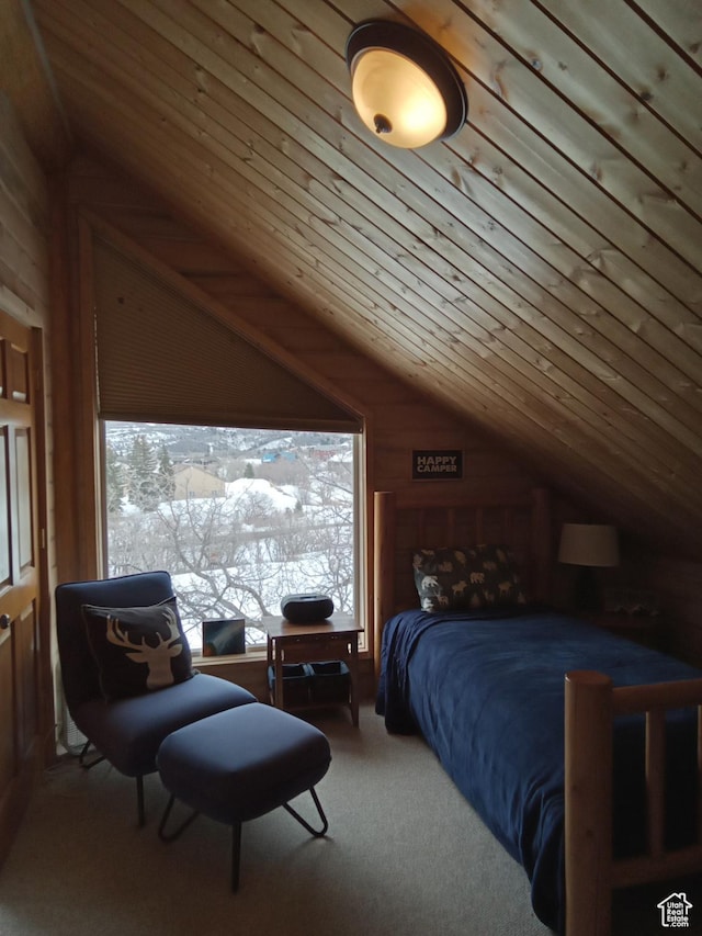2204 S Timber Lakes Dr S Unit 945, Heber City, UT 84032 - bedroom with lofted ceiling, wooden walls, wooden ceiling, and carpet