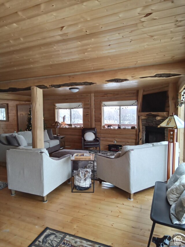 2204 S Timber Lakes Dr S Unit 945, Heber City, UT 84032 - living room featuring rustic walls, wooden ceiling, and wood-type flooring