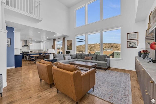 2685 E White Birch Dr, Eagle Mountain, UT 84005 - living room featuring a high ceiling, light wood-style flooring, and baseboards