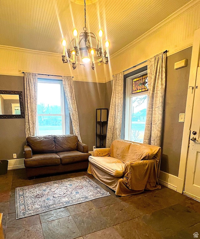 316 W 500 N, Beaver, UT 84713 - living area featuring an inviting chandelier, stone tile floors, crown molding, and baseboards