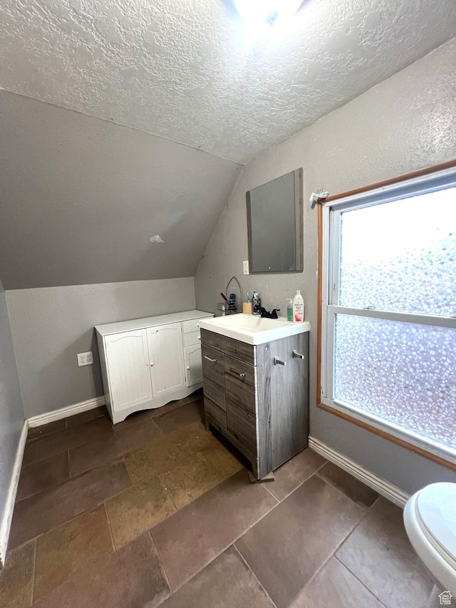 316 W 500 N, Beaver, UT 84713 - bathroom with vanity, baseboards, vaulted ceiling, and a textured ceiling