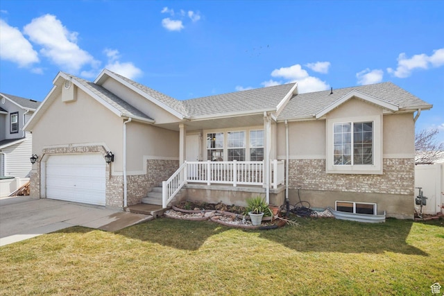 3018 S Asplund Cir, Salt Lake City, UT 84119 - ranch-style house with stucco siding, driveway, a front lawn, covered porch, and a garage