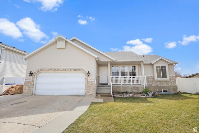 3018 S Asplund Cir, Salt Lake City, UT 84119 - ranch-style house featuring concrete driveway, stucco siding, an attached garage, a front lawn, and a porch