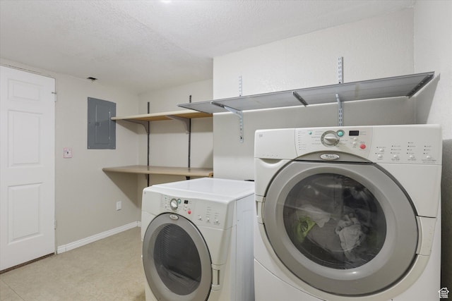 3018 S Asplund Cir, Salt Lake City, UT 84119 - washroom with a textured ceiling, electric panel, baseboards, laundry area, and washing machine and dryer
