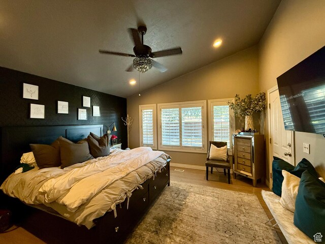 6991 S Canyon Pines Cir E, Cottonwood Heights, UT 84121 - bedroom featuring lofted ceiling, ceiling fan, wood finished floors, and recessed lighting