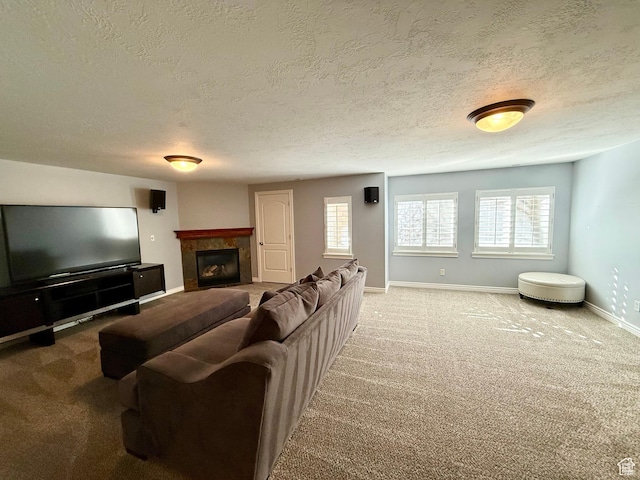 6991 S Canyon Pines Cir E, Cottonwood Heights, UT 84121 - living room featuring carpet flooring, baseboards, a fireplace, and a textured ceiling