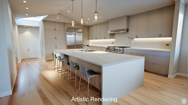 3885 E Viewcrest Dr, Millcreek, UT 84124 - kitchen featuring wall chimney exhaust hood, a sink, high quality appliances, a kitchen bar, and gray cabinetry
