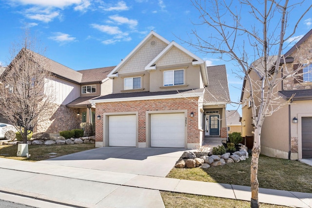 craftsman inspired home featuring brick siding, driveway, roof with shingles, and an attached garage