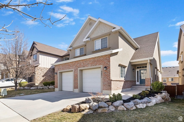 craftsman house featuring concrete driveway, roof with shingles, fence, an attached garage, and brick siding