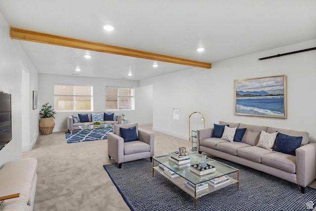 living room with light carpet, beam ceiling, and recessed lighting