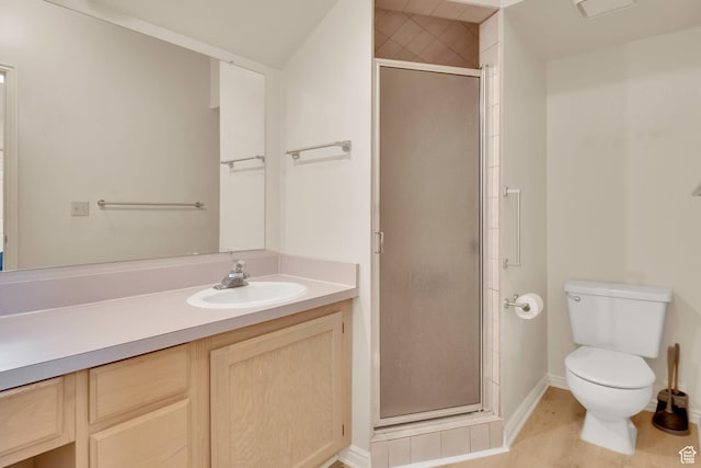 882 Schneitter Cir, Midway, UT 84049 - bathroom with toilet, vanity, a stall shower, and baseboards