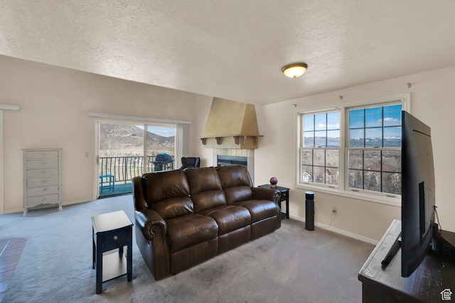 882 Schneitter Cir, Midway, UT 84049 - carpeted living area featuring a textured ceiling, plenty of natural light, baseboards, and a fireplace