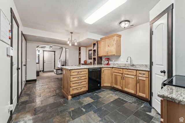 483 N 2650 W Unit 6, Tremonton, UT 84337 - kitchen featuring a sink, arched walkways, stone tile flooring, black dishwasher, and a peninsula