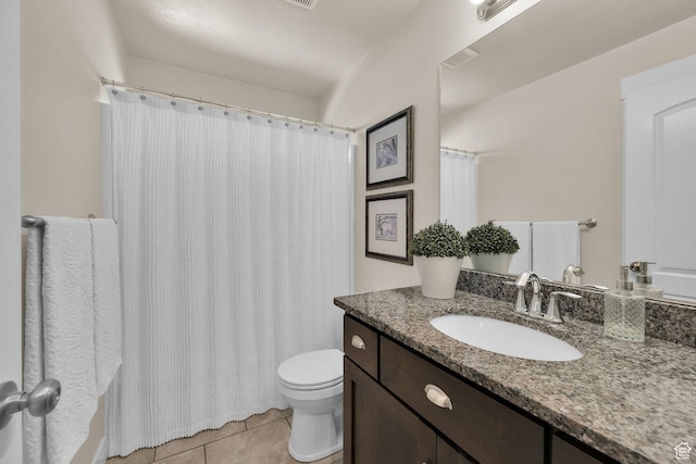 full bath featuring tile patterned flooring, vanity, toilet, and a shower with shower curtain