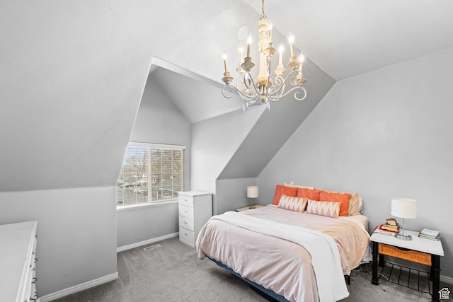 bedroom featuring vaulted ceiling, carpet, baseboards, a chandelier, and visible vents