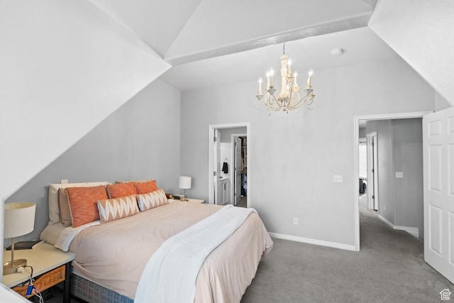 bedroom with an inviting chandelier, carpet, baseboards, and vaulted ceiling