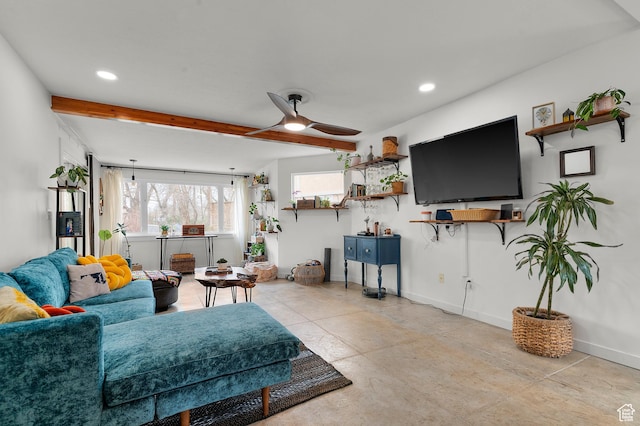 living room with concrete flooring, recessed lighting, baseboards, beam ceiling, and ceiling fan