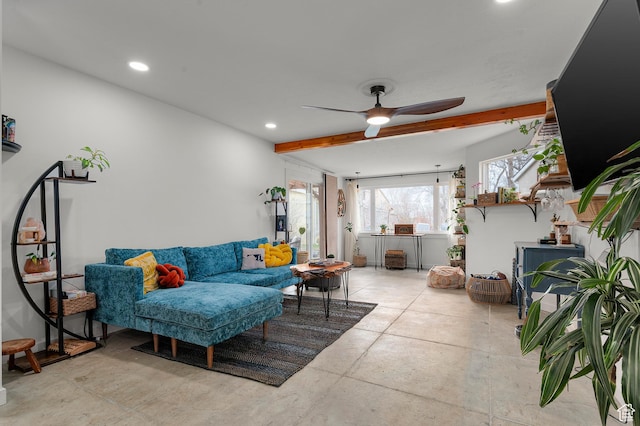 living room featuring beamed ceiling, recessed lighting, and a ceiling fan