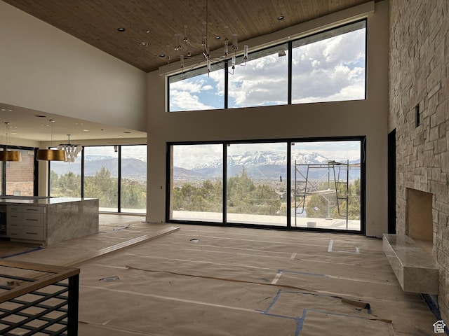 2220 E Flat Top Mountain Dr, Heber City, UT 84032 - unfurnished living room with a towering ceiling, wooden ceiling, a mountain view, healthy amount of natural light, and recessed lighting