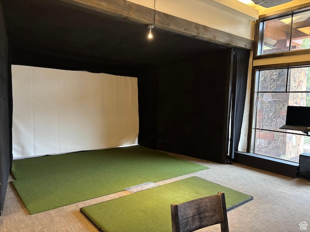 2220 E Flat Top Mountain Dr, Heber City, UT 84032 - rec room with golf simulator and carpet floors