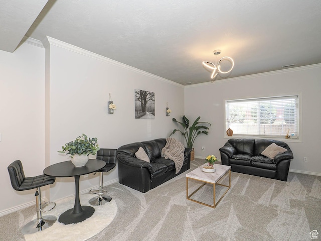 3745 S 700 E Unit 104, Millcreek, UT 84106 - living room featuring visible vents, crown molding, carpet, baseboards, and a notable chandelier