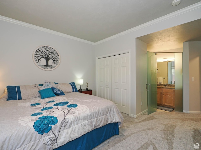 3745 S 700 E Unit 104, Millcreek, UT 84106 - carpeted bedroom featuring connected bathroom, baseboards, a closet, and crown molding