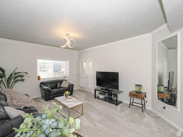 3745 S 700 E Unit 104, Millcreek, UT 84106 - carpeted living area with baseboards, ornamental molding, visible vents, and a notable chandelier