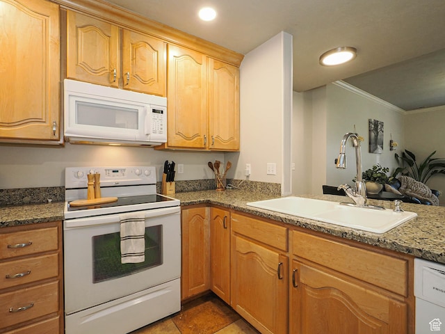 3745 S 700 E Unit 104, Millcreek, UT 84106 - kitchen featuring recessed lighting, white appliances, light tile patterned floors, ornamental molding, and a sink