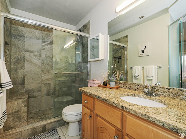 3745 S 700 E Unit 104, Millcreek, UT 84106 - bathroom featuring tile patterned flooring, vanity, toilet, a stall shower, and visible vents