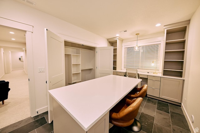 6889 W Lake Ave, South Jordan, UT 84009 - kitchen with light countertops, a kitchen island, pendant lighting, open shelves, and recessed lighting