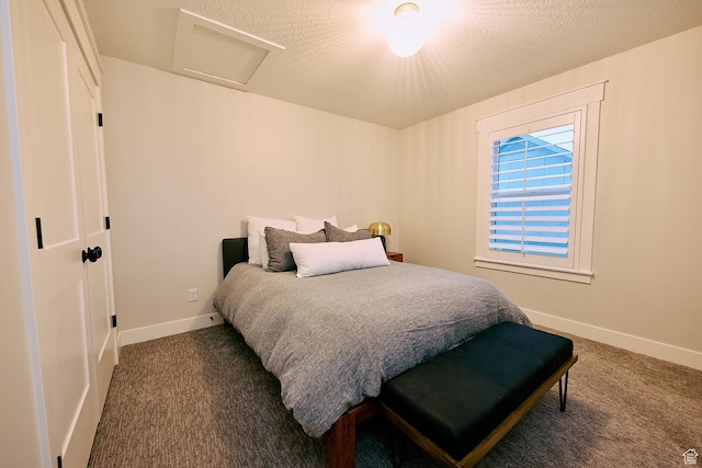 6889 W Lake Ave, South Jordan, UT 84009 - bedroom with baseboards, carpet flooring, a textured ceiling, and attic access