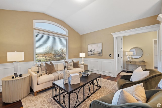 6208 W Bull River Rd, Highland, UT 84003 - living room with vaulted ceiling, wood finished floors, and wainscoting