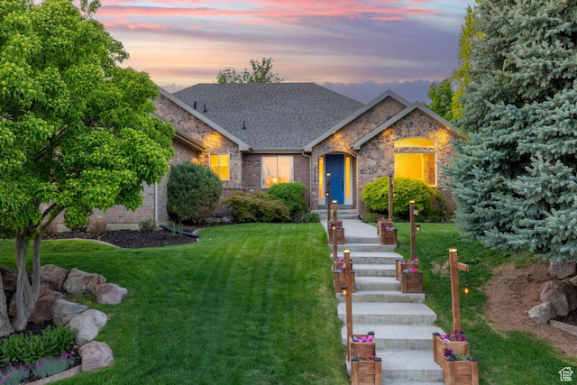 6208 W Bull River Rd, Highland, UT 84003 - view of front of property with a front yard, roof with shingles, brick siding, and stone siding