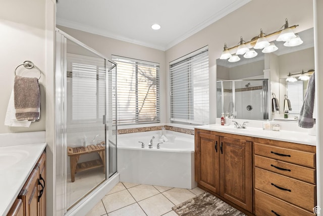 6208 W Bull River Rd, Highland, UT 84003 - full bath with vanity, a stall shower, a bath, ornamental molding, and tile patterned floors