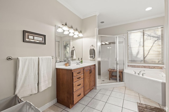 6208 W Bull River Rd, Highland, UT 84003 - bathroom featuring vanity, crown molding, a garden tub, tile patterned flooring, and a shower stall