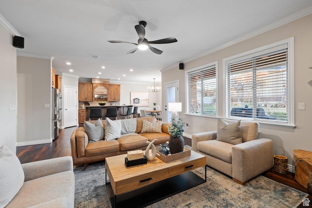 6208 W Bull River Rd, Highland, UT 84003 - living room featuring a ceiling fan, ornamental molding, baseboards, dark wood finished floors, and a chandelier