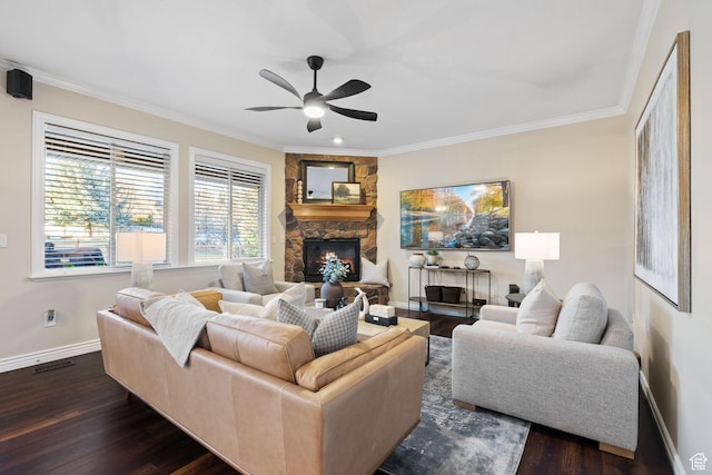 6208 W Bull River Rd, Highland, UT 84003 - living room featuring crown molding, a ceiling fan, dark wood-style floors, baseboards, and a fireplace
