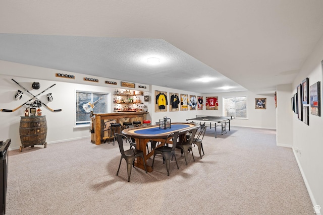6208 W Bull River Rd, Highland, UT 84003 - rec room with a bar, carpet floors, baseboards, and a textured ceiling