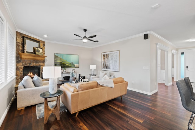 6208 W Bull River Rd, Highland, UT 84003 - living room featuring dark wood-type flooring, ceiling fan, baseboards, crown molding, and recessed lighting