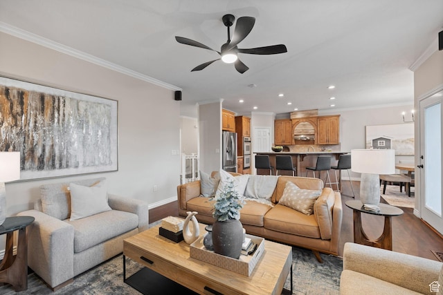 6208 W Bull River Rd, Highland, UT 84003 - living room featuring ornamental molding, ceiling fan, recessed lighting, baseboards, and wood finished floors