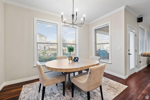 6208 W Bull River Rd, Highland, UT 84003 - dining space featuring dark wood-style flooring, a chandelier, baseboards, and crown molding